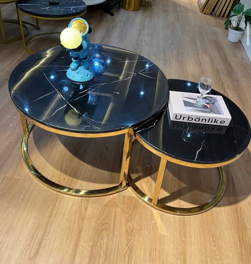 Luxury Nesting Coffee Table Set (Brown Marble / Agate-Pattern Top with Gold Stainless Steel Frame)
