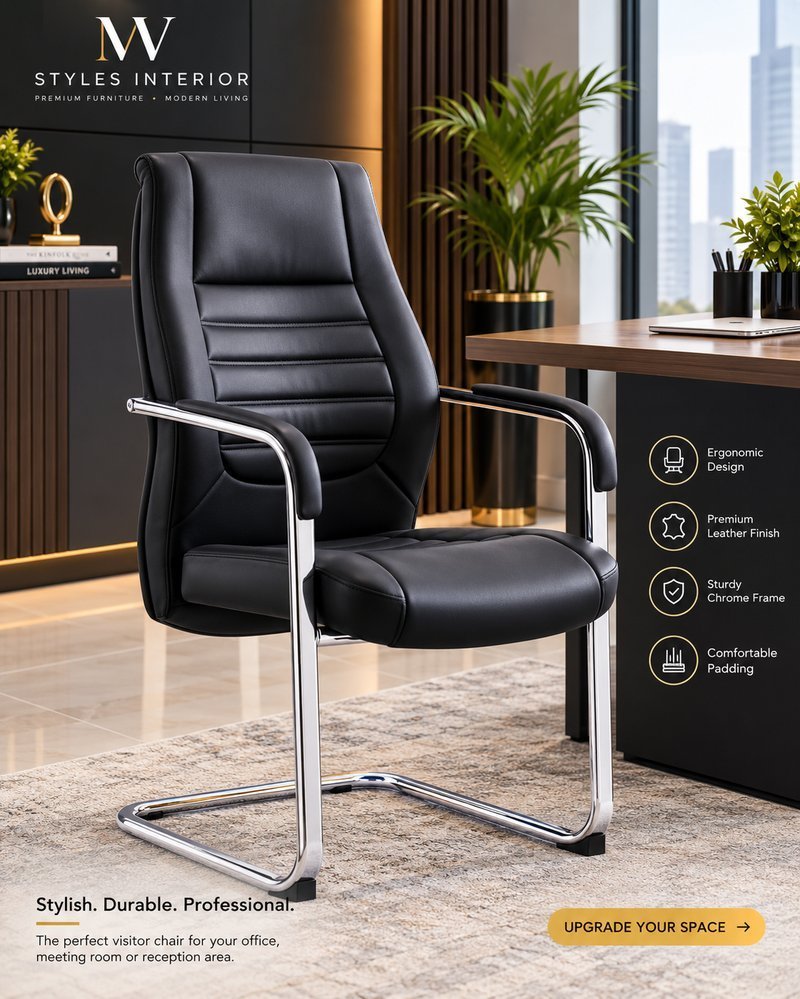 Ribbed Leather Executive Visitor Chair (Black & Chrome Cantilever Base)