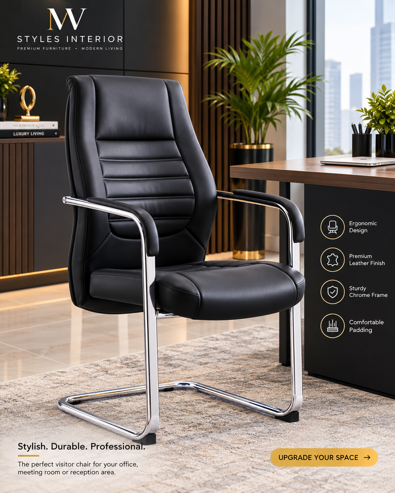 Ribbed Leather Executive Visitor Chair (Black & Chrome Cantilever Base)