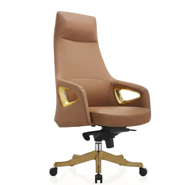 Luxury High-Back Executive Office Chair (Camel Leather with Gold Accent Cutouts)