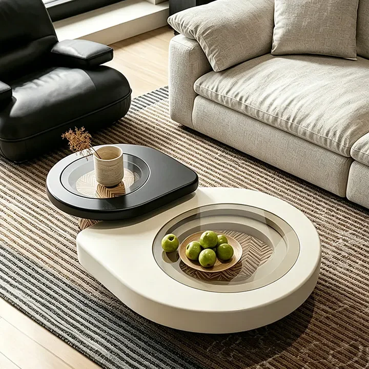Sculptural Asymmetric Center Table with Patterned Base Accents