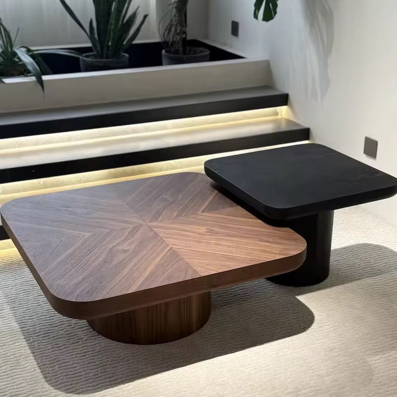 Walnut and Black Dual-Level Pedestal Coffee Tables