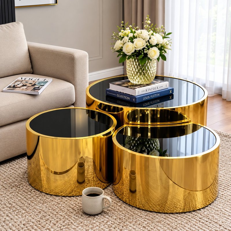 Aurelius 3-Piece Gold & Black Glass Nesting Coffee Table Trio