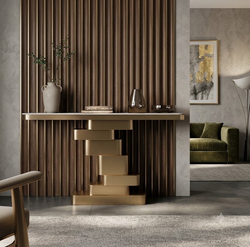Console Table with Marble Top & Geometric Gold Base