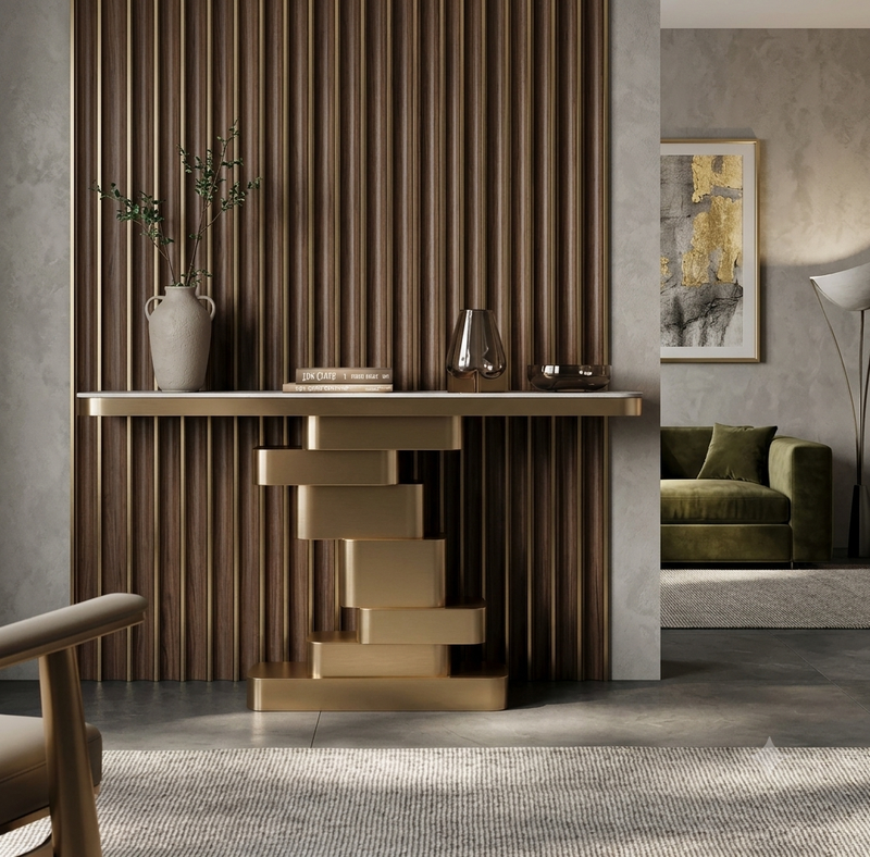 console table with marble top and geometric gold base