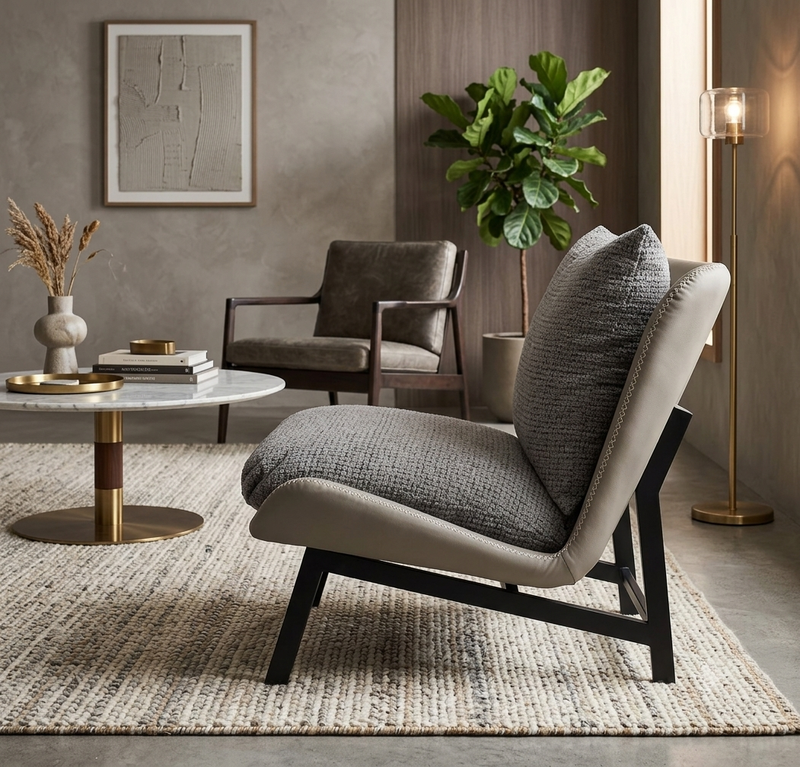accent chair with textured gray cushion and black angled legs