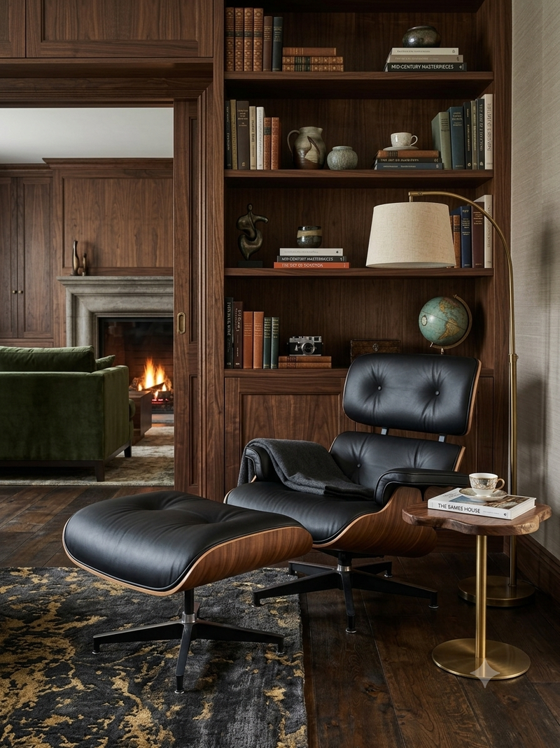 black leather lounge chair with matching ottoman and wooden side panels
