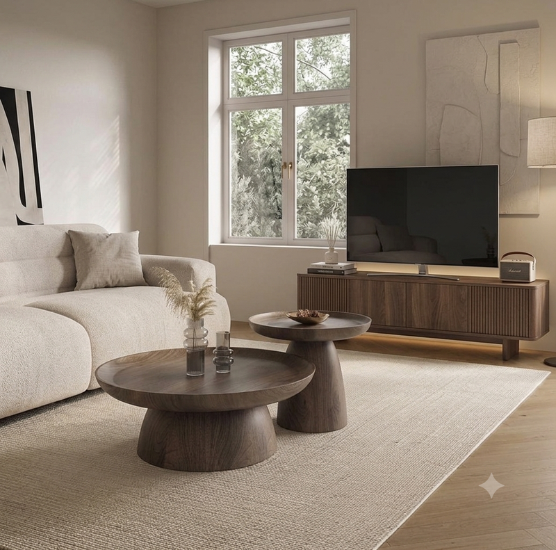 Sculptural Bowl-Top Wooden Coffee Table Set