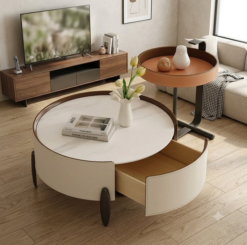 Luxury Round Center Table with Wooden Rim & Stitched Leather Details