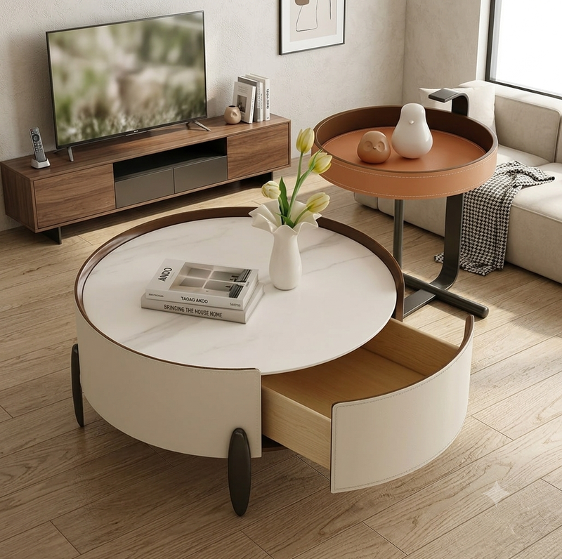 Luxury Round Center Table with Wooden Rim & Stitched Leather Details