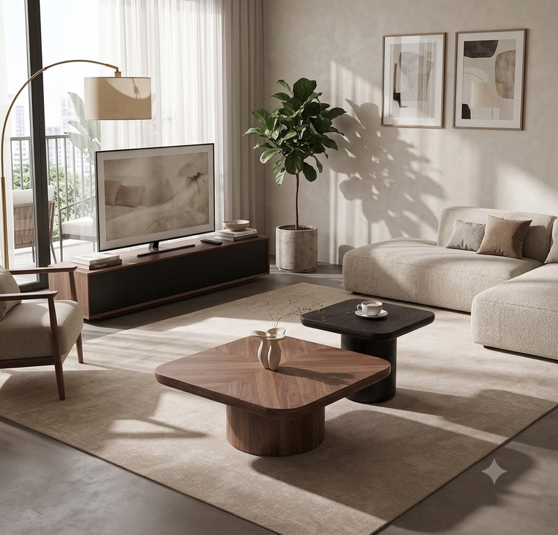 Walnut and Black Dual-Level Pedestal Coffee Tables