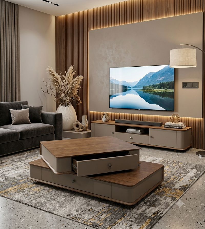 Contemporary Dual-Layer Walnut & Taupe Coffee Table