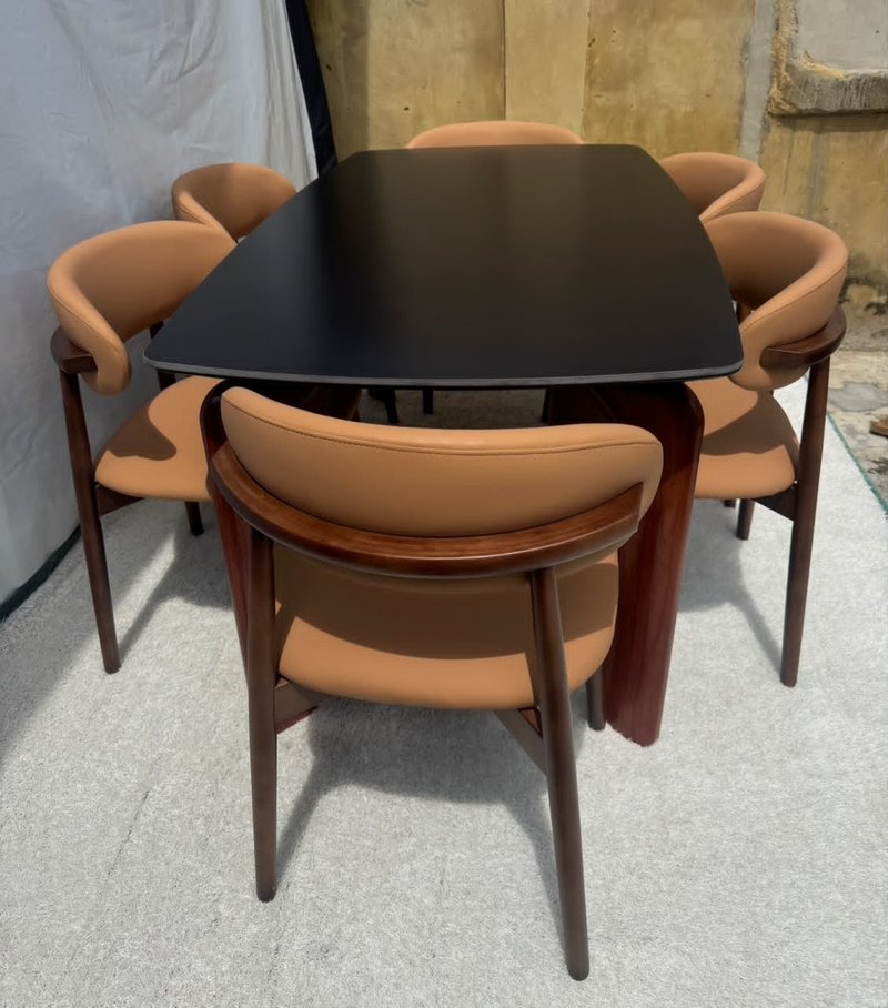 Modern Nordic Black & Tan Walnut 6-Seater Dining Set - Image 2