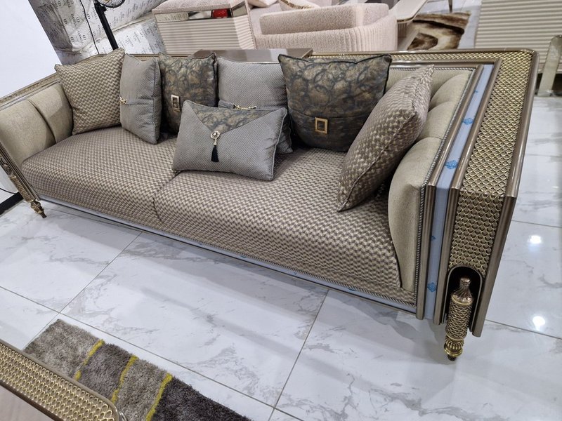 Royal Metallic Bronze Upholstered Living Room Suite with Woven Panel Detailing - Image 3
