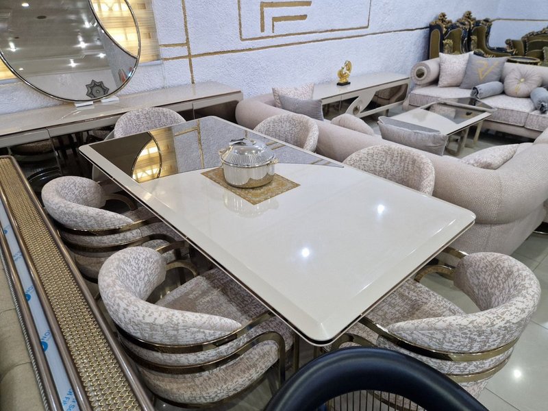 Contemporary Blush Beige Living Room & Dining Suite with Gold Frame Accents - Image 5