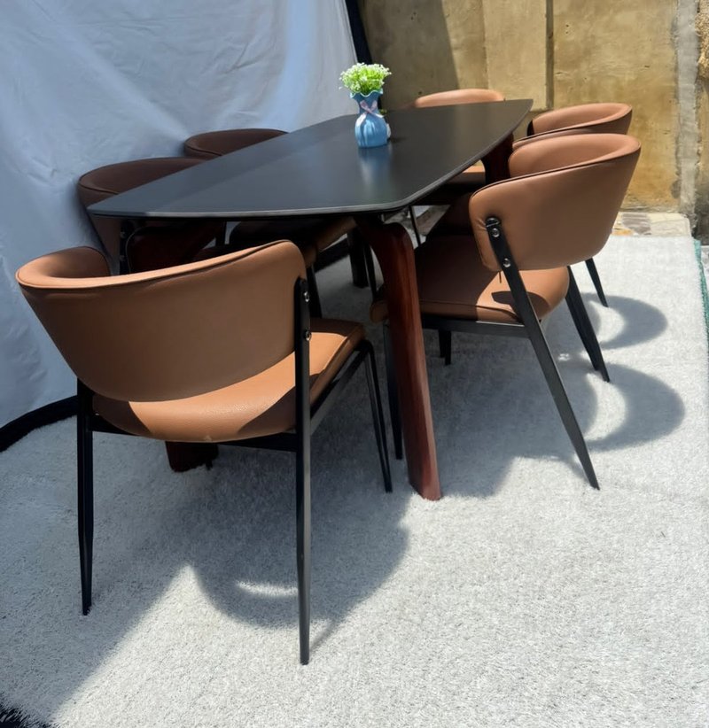 Modern Nordic Matte Black 6-Seater Dining Set with Leatherette Armchairs - Image 3