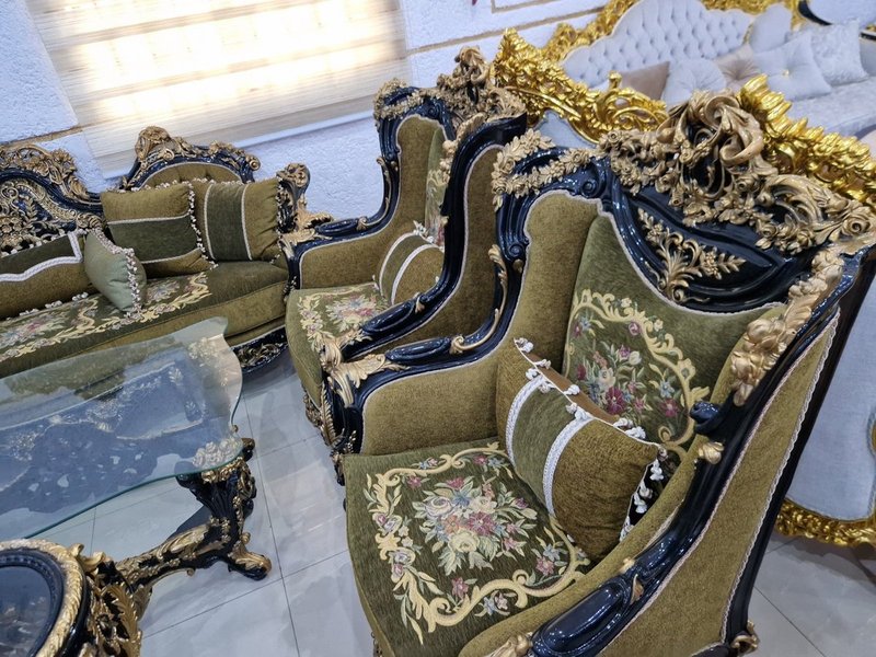 Royal Baroque Olive Green & Gold Carved Living Room Suite with Floral Gobelin Tapestry - Image 3