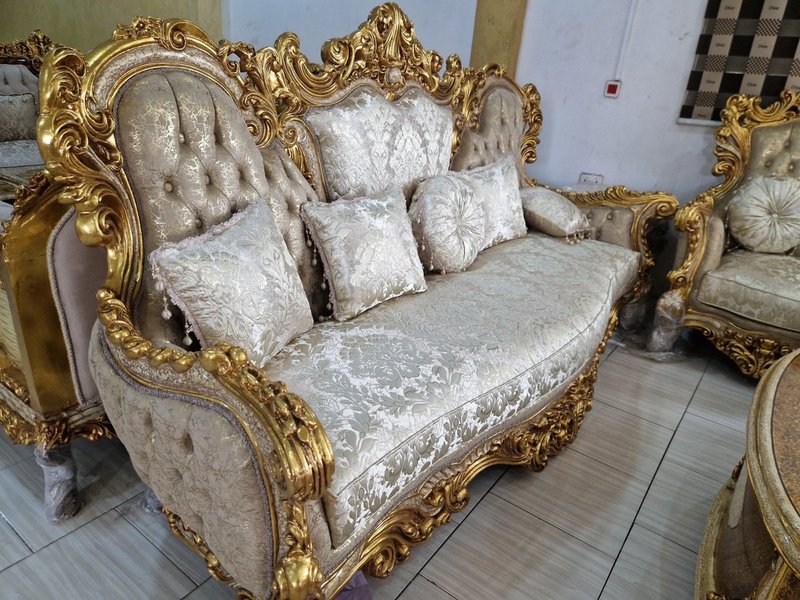 Egyptian Royal Sovereign Hand-Carved Gold & Jacquard Sofa Set - Image 2
