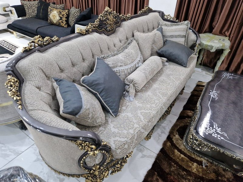 Ornate Antique Walnut & Gold Carved Living Room Sofa Set with Button-Tufted Backs - Image 4