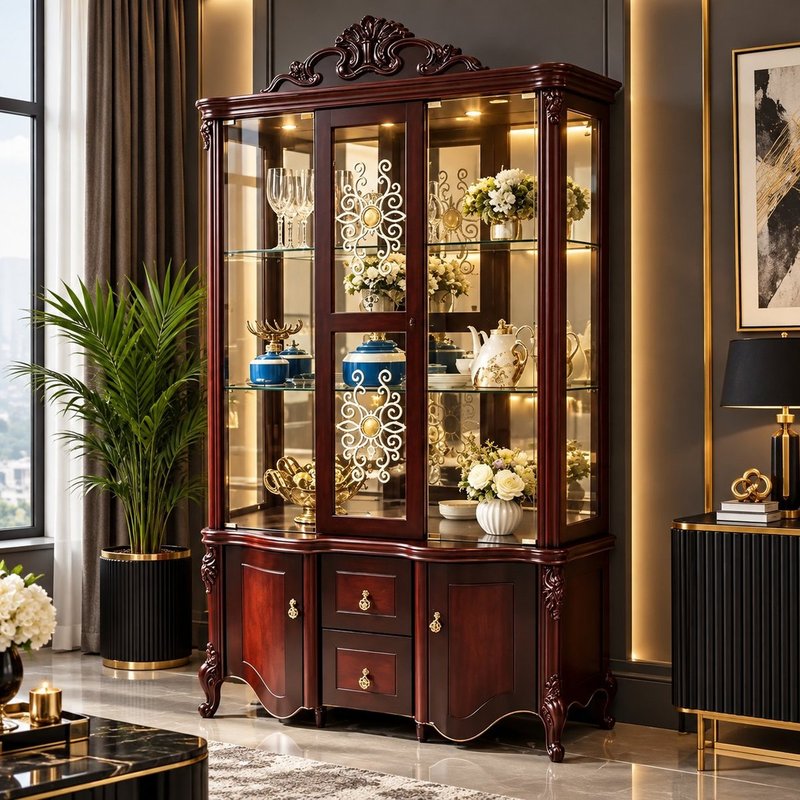 Classic European Carved Mahogany Wine Cabinet & Glass Display Hutch - Image 1