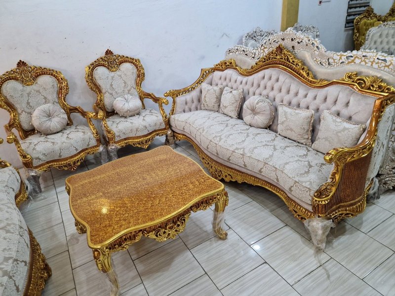 Egyptian Royal Classic Hand-Carved Gold & Damask Sofa Set - Image 1