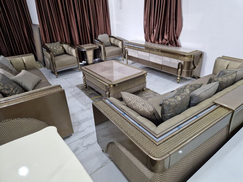 Royal Metallic Bronze Upholstered Living Room Suite with Woven Panel Detailing - Image 2