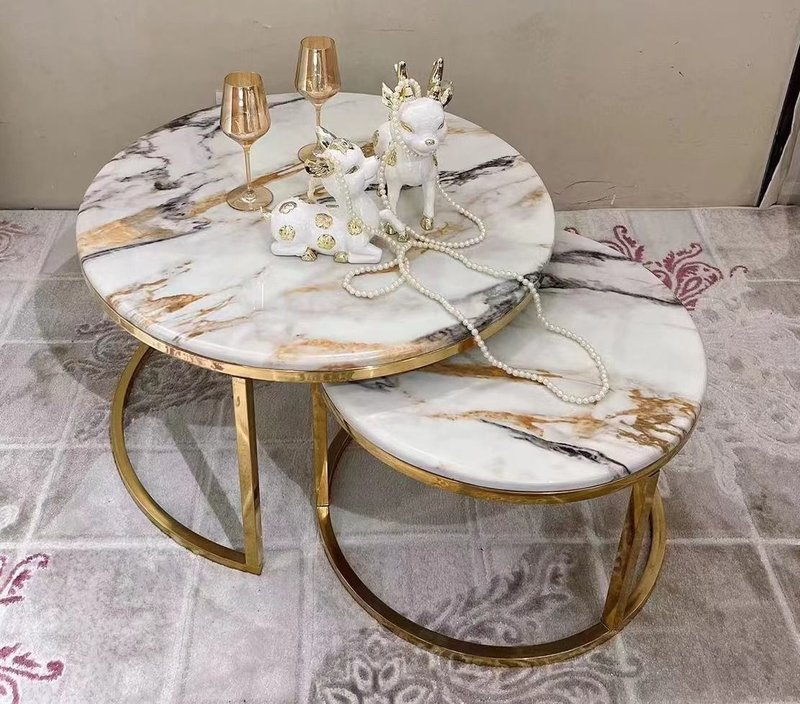 Luxury Nesting Coffee Table Set (Brown Marble / Agate-Pattern Top with Gold Stainless Steel Frame) - Image 1