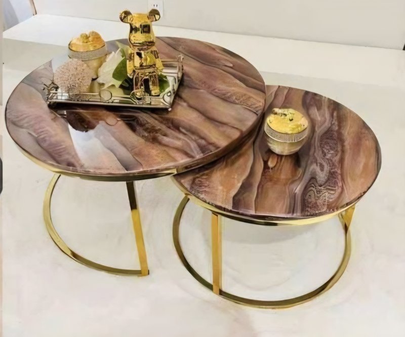 Luxury Nesting Coffee Table Set (Brown Marble / Agate-Pattern Top with Gold Stainless Steel Frame) - Image 1