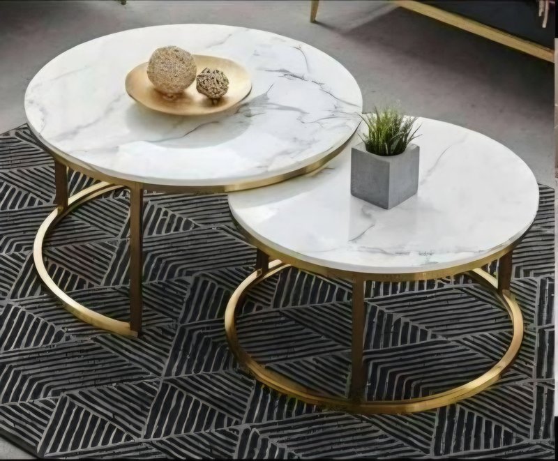 Luxury Nesting Coffee Table Set (Brown Marble / Agate-Pattern Top with Gold Stainless Steel Frame) - Image 1