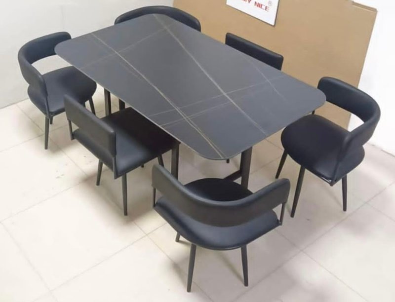 Modern Grey Sintered Stone 6-Seater Dining Set (with Curved Back Chairs) - Image 1