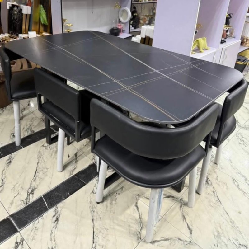 Modern Grey Sintered Stone 6-Seater Dining Set (with Curved Back Chairs) - Image 1