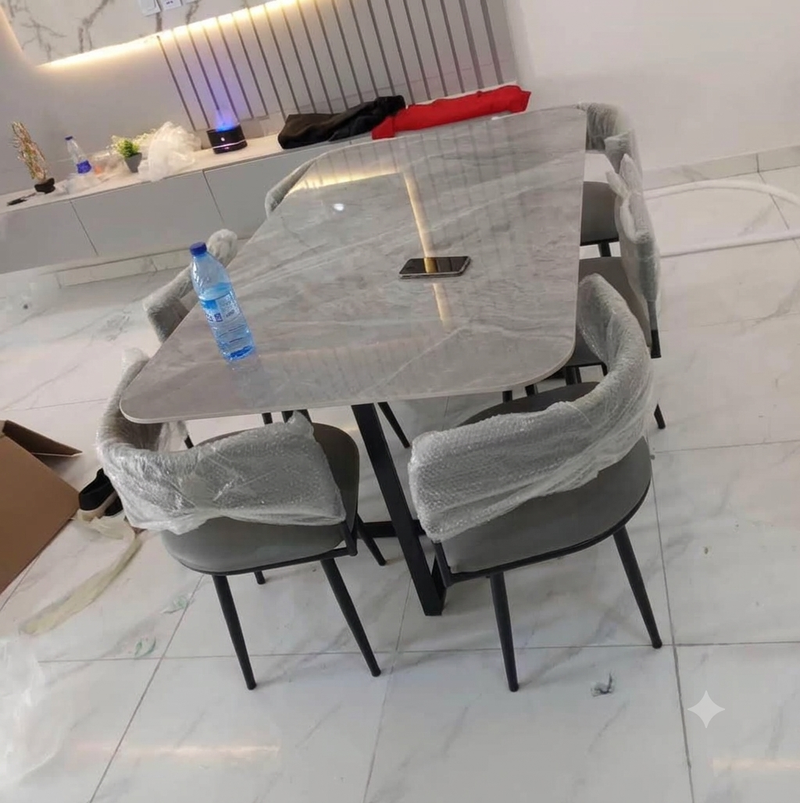 Modern Grey Sintered Stone 6-Seater Dining Set (with Curved Back Chairs) - Image 1