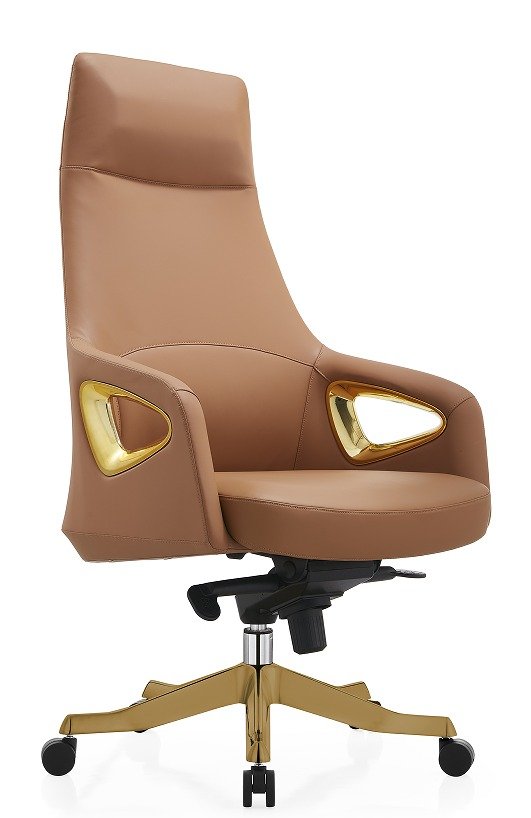 Luxury High-Back Executive Office Chair (Camel Leather with Gold Accent Cutouts) - Image 1