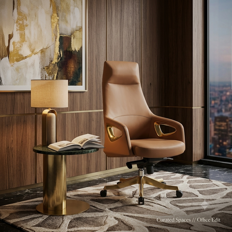 Luxury High-Back Executive Office Chair (Camel Leather with Gold Accent Cutouts) - Image 1