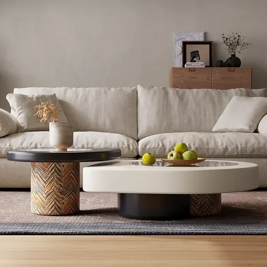 Sculptural Asymmetric Center Table with Patterned Base Accents - Image 1