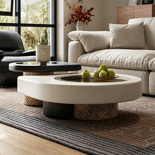 Sculptural Asymmetric Center Table with Patterned Base Accents - Image 1