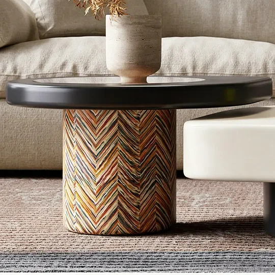 Sculptural Asymmetric Center Table with Patterned Base Accents - Image 1