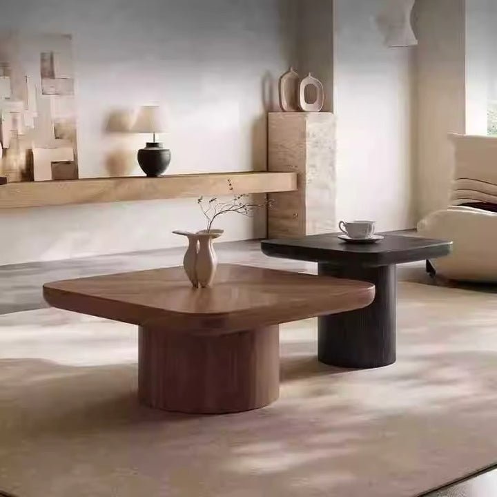 Walnut and Black Dual-Level Pedestal Coffee Tables - Image 1
