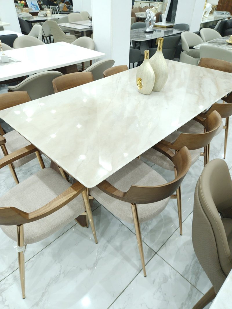 Modern Luxury White Marble Dining Set with 8 Walnut Armchairs - Image 3