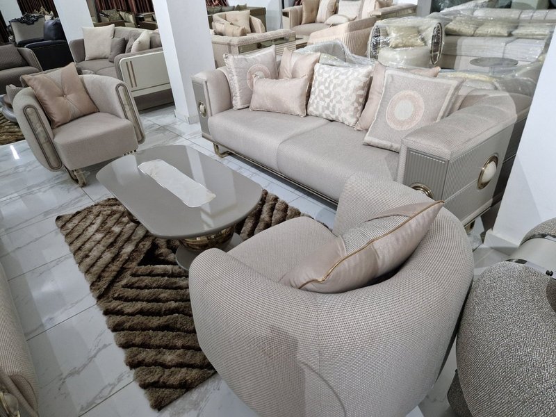 Luxury Cream Beige Upholstered Living Room Suite with Gold Metallic Medallions - Image 1