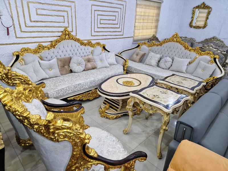 Royal Baroque Ornate Gold & Silver Velvet Living Room Suite with Inlaid Marble Tables - Image 2