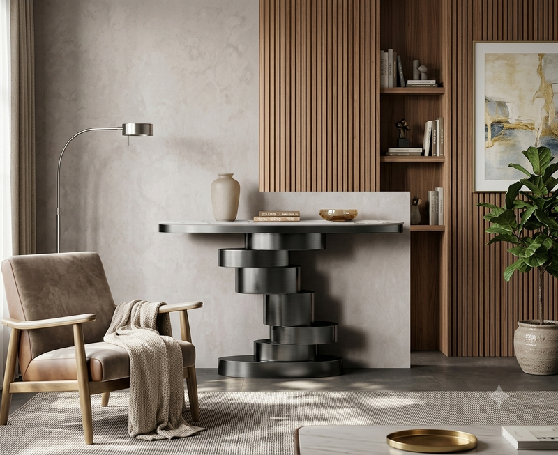 console table with marble top and geometric gold base - Image 1