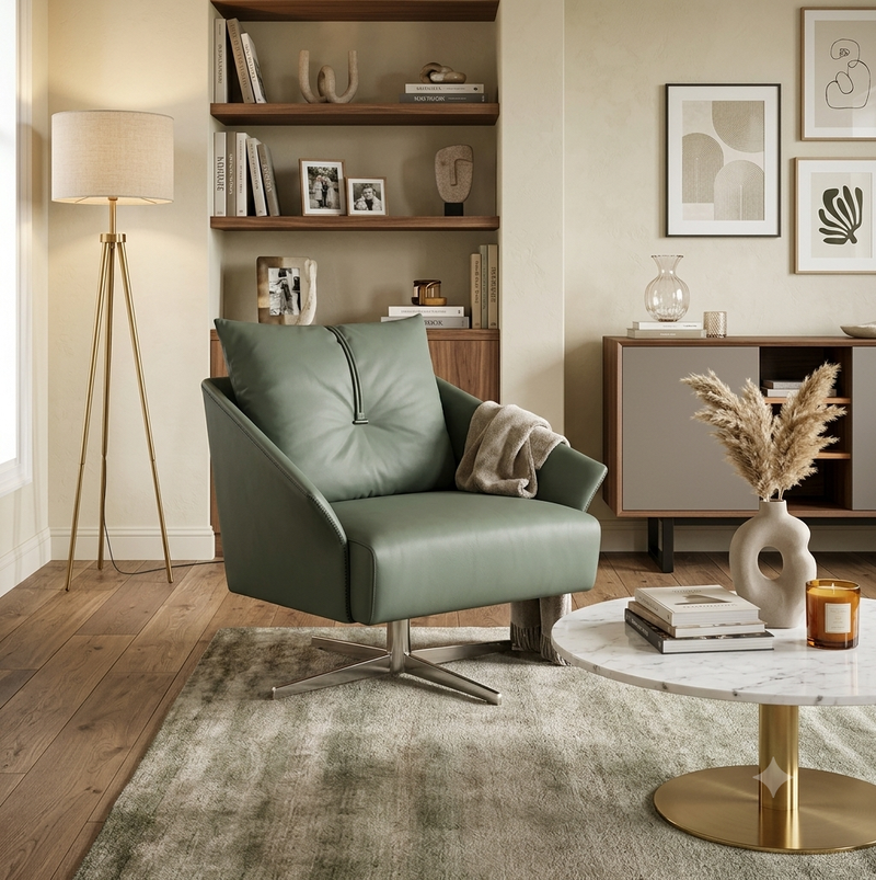 green swivel accent chair with decorative strap detail - Image 1