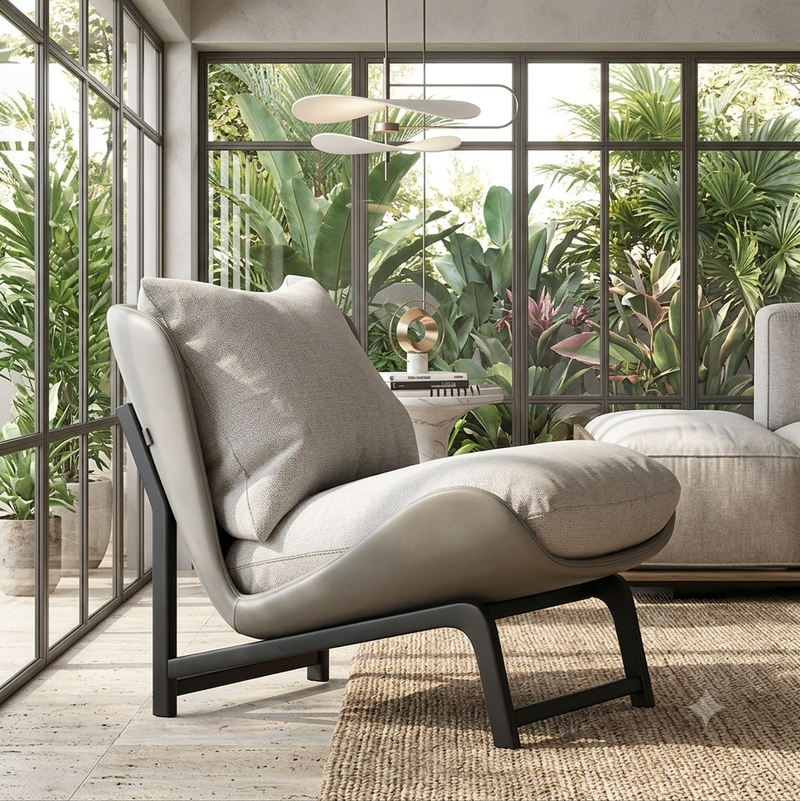 accent chair with textured gray cushion and black angled legs - Image 1
