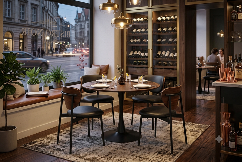 round dining table set in a cozy restaurant interior - Image 1