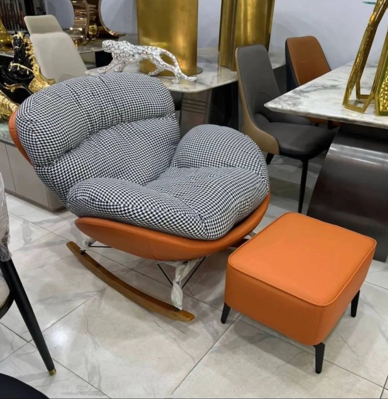 Modern Houndstooth Rocking Lounge Chair with Matching Ottoman Set - Image 1