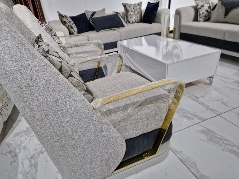 Contemporary Light Grey & Navy Blue Living Room Sofa Suite with Gold Metal Frame Accents - Image 5