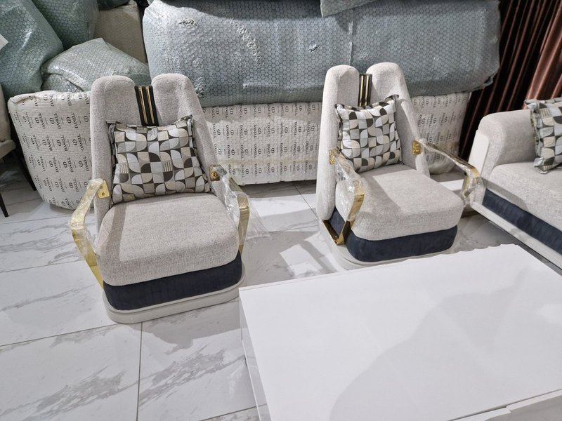 Contemporary Light Grey & Navy Blue Living Room Sofa Suite with Gold Metal Frame Accents - Image 4