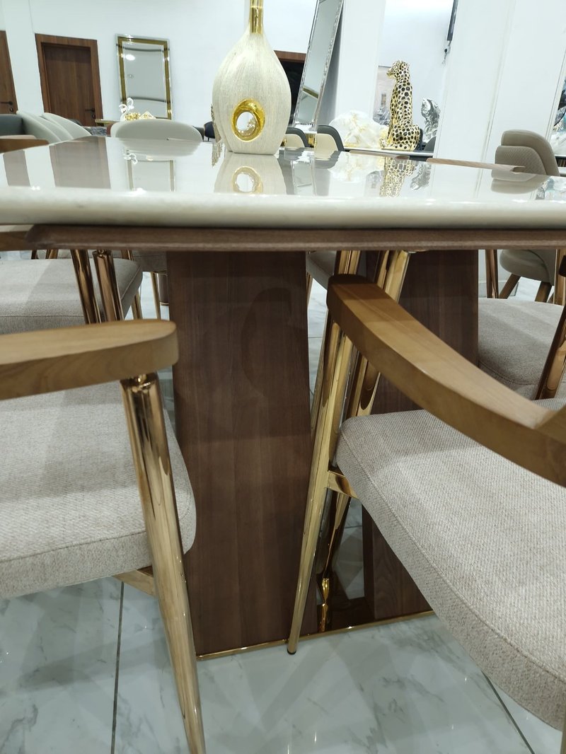 Modern Luxury White Marble Dining Set with 8 Walnut Armchairs - Image 5