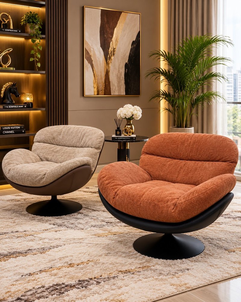 Modern Ergonomic Textured Fabric Swivel Lounge Chair in Beige & Brown - Image 5